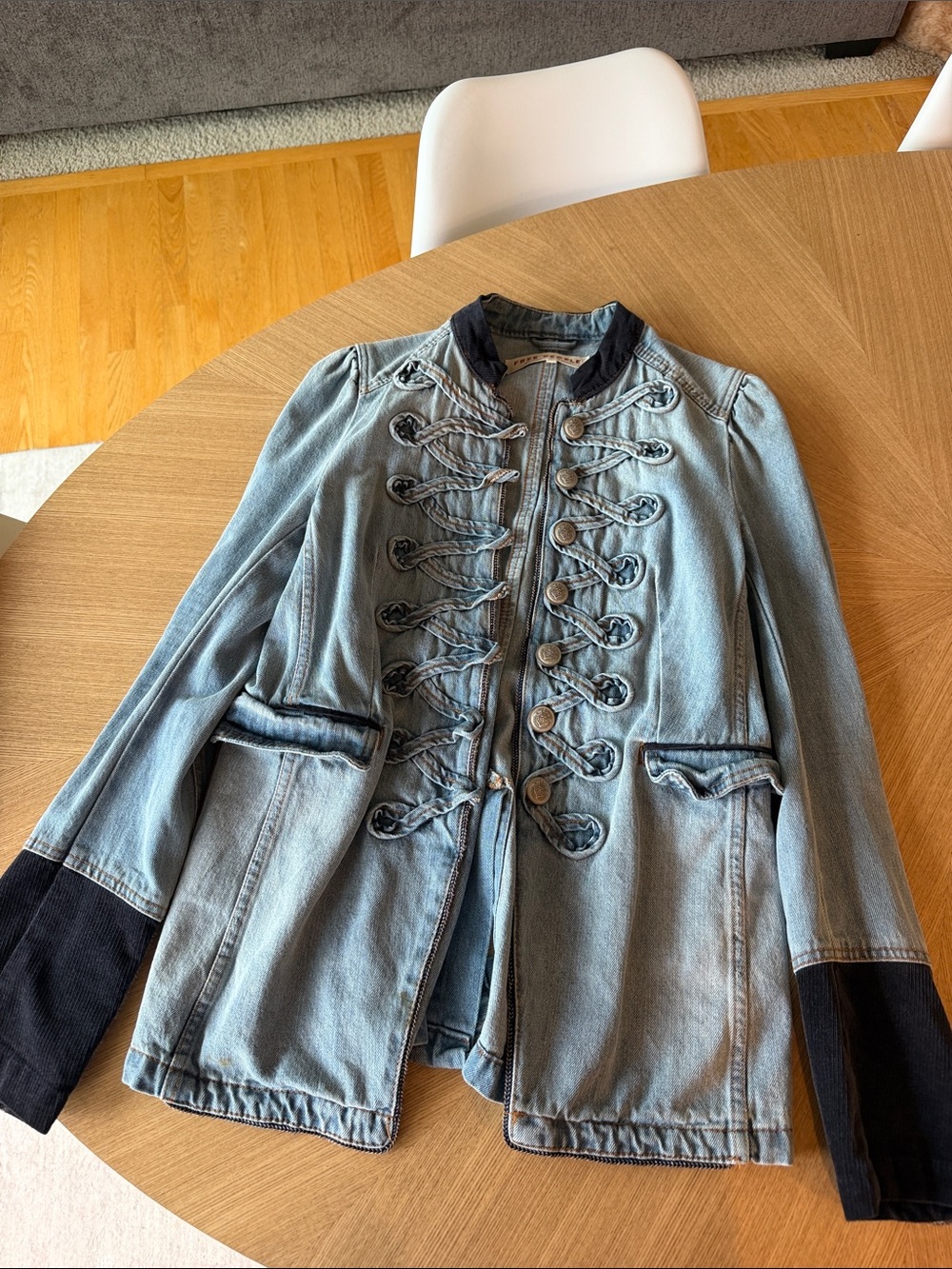 Free People Light Blue Denim Military Jacket with Dark Trim